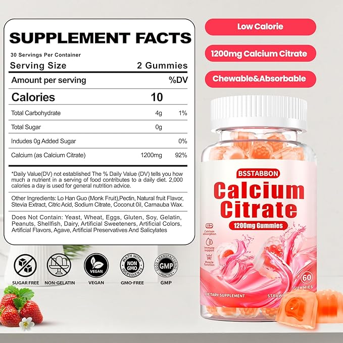 Calcium Citrate Supplement Gummies for Adult: Women & Men Sugar Free 1200 Mg Calcium Chewable Gummy - Organic Vegan Supplements for Energy&Immune Support(120Count