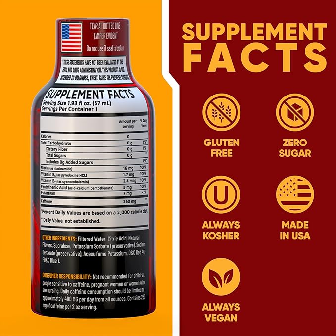 B12 Overload Extra Strength Energy Shot – Pomegranate – 260mg Caffeine, 14000% B12, Electrolytes – Energy & Vitality Support – Zero Sugar No Calories – Vegan, Kosher, Gluten-Free – 1.93 fl oz, 48-Pack