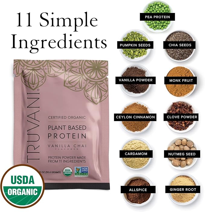 Truvani Vegan Pea Protein Powder | Vanilla Chai | 20g Organic Plant Based Protein | 1 Serving | Keto | Gluten & Dairy Free | Low Carb | No Added Sugar