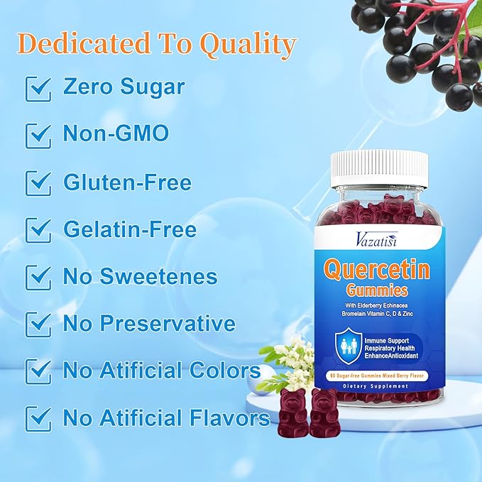 (2 Pack) Quercetin Gummies with Bromelain Elderberry Zinc & Vitamin C, Quercetin Supplement Gummies, Immune Support for Adults & Kids, Vegan Mixed Berry Flavor 120 Cts