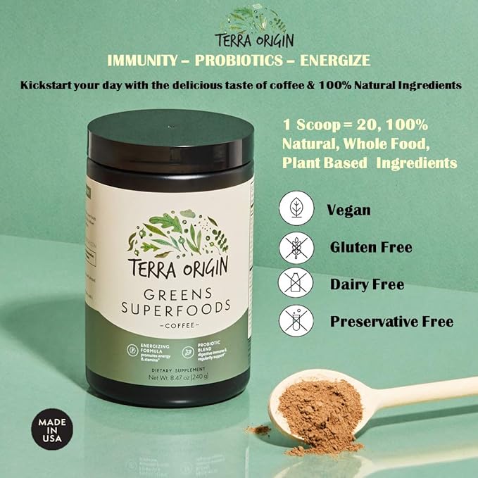 TERRA ORIGIN Superfoods Greens Immune Defense and Digestive Support | Probiotics, Organic Vegetables, Digestive Enzymes | Non-GMO, Gluten-Free, Dairy Free, Vegan | 30 Servings | Coffee Flavor