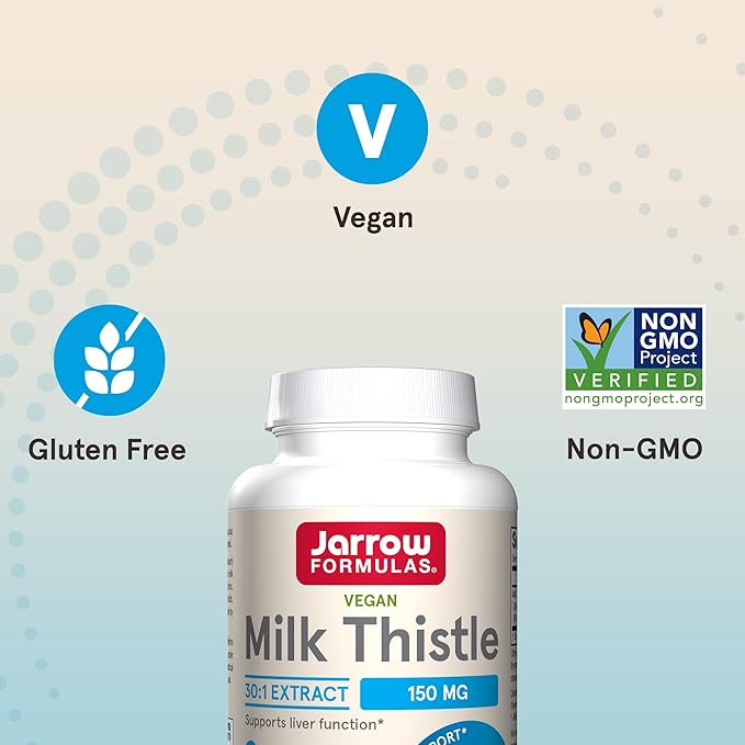Jarrow Formulas Milk Thistle 150 mg With 30:1 Standardized Silymarin Extract, Dietary Supplement for Liver Function Support, 200 Veggie Capsules, 66-200 Day Supply