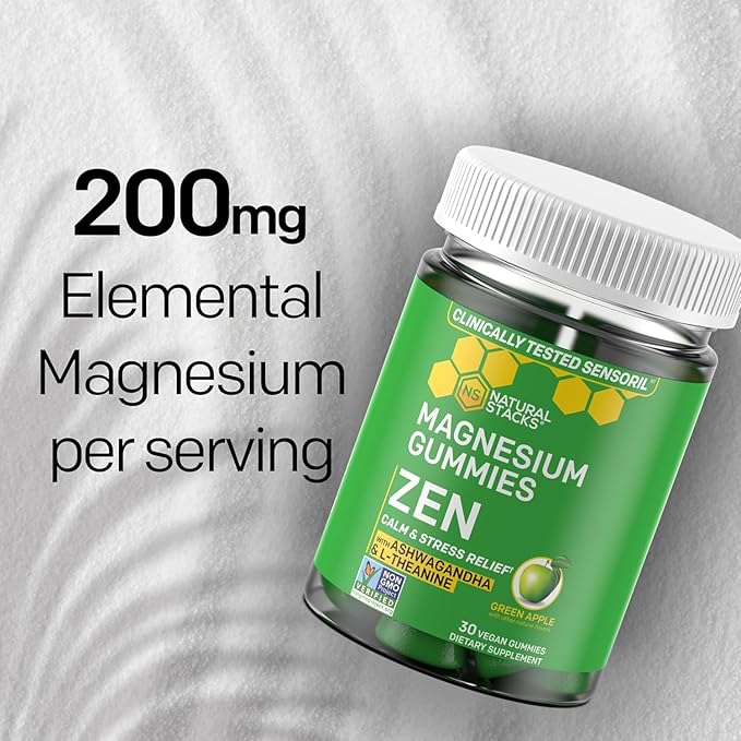 Zen Magnesium Gummies - 200mg Magnesium Citrate & 125mg Sensoril Ashwagandha Gummies - with L Theanine for Calm & Stress Support - Mag Citrate and Ashwagandha Supplement - 30 Green Apple Chewables