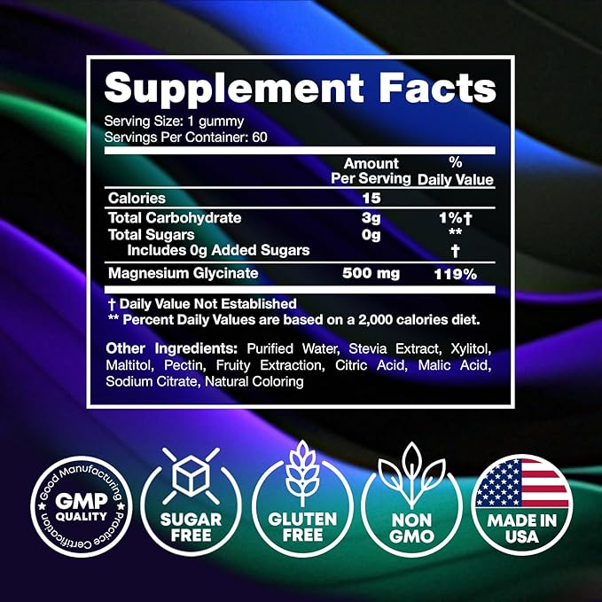 Magnesium Glycinate Gummies - Magnesium Glycinate 500MG Chews for Sleep + Vitamin B6, B12, D3 - Magnesium Supplement for Adults, Kids - Glicinato de Magnesio para Mujeres - 60 Magnesium Gummies