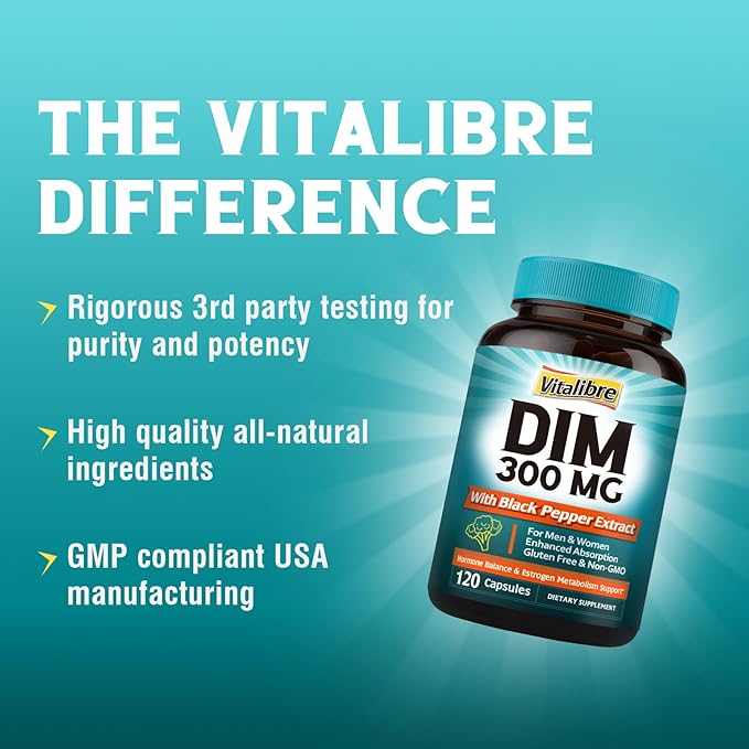 DIM Supplement for Women & Men, Estrogen Metabolism, Hormone Balance & Menopause Support, DIM 300 mg with Black Pepper Extract, High Absorption, 120 Capsules