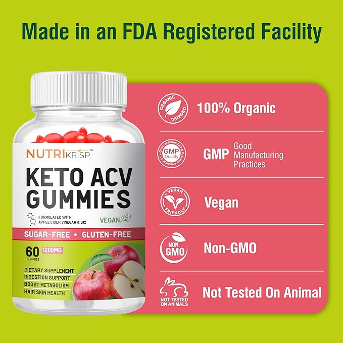 Keto ACV Gummy - Sugar-Free Gluten Free Pro Active Super Apple Cider Vinegar Supplement for Men Women - Support Digestion Hair Skin (1200MG)