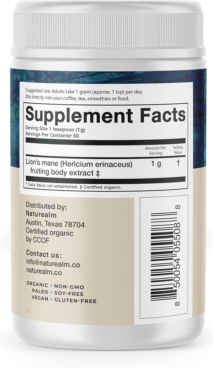 Naturealm Lion's Mane Mushroom Powder - Organic Brain Support for Focus Memory Mental Clarity - Non GMO Cognitive Function - 60 Servings