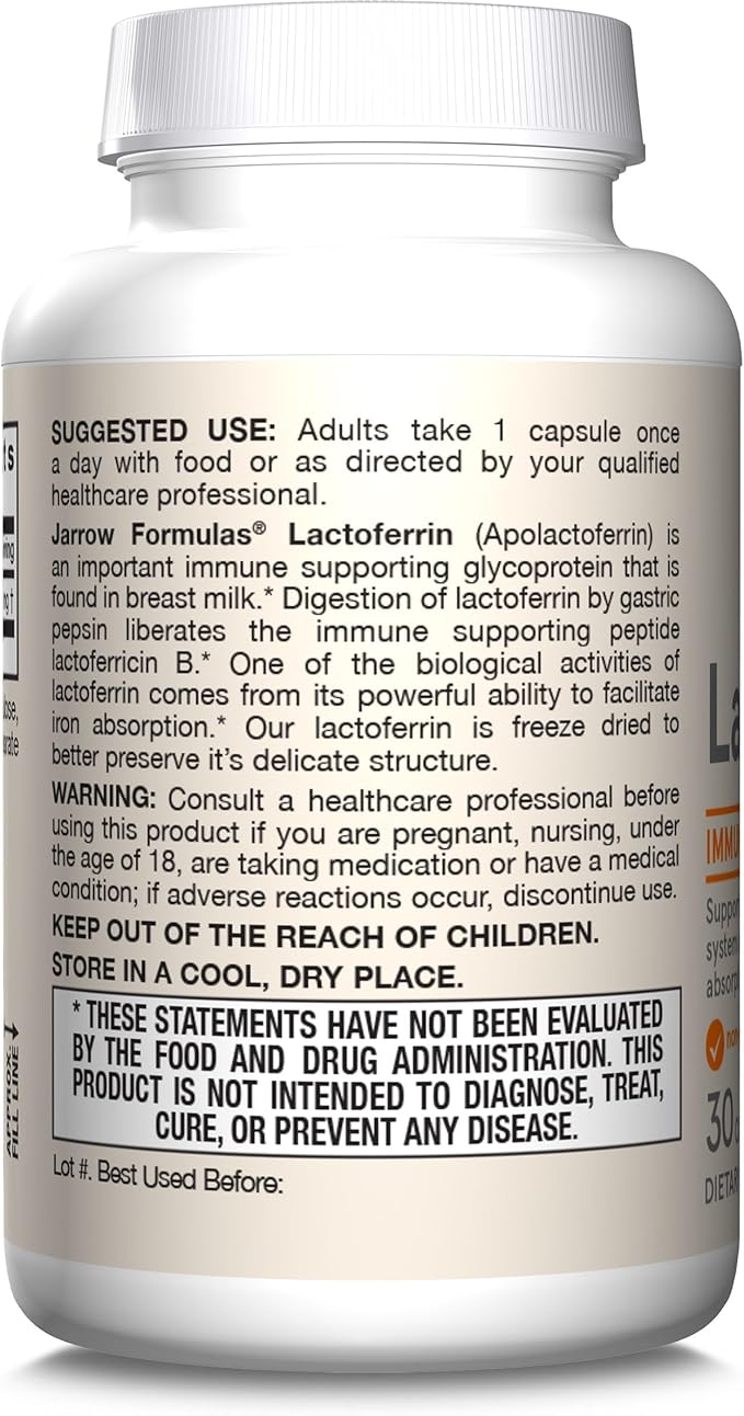 Jarrow Formulas Lactoferrin 250 mg - Immune-Supporting Glycoprotein - For Healthy Immune System Support & Iron Absorption - Freeze Dried - Gluten Free - Non-GMO - 30 Capsules (Servings)