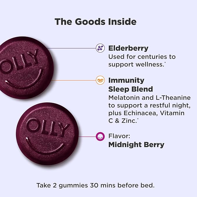 OLLY Sleep Immunity Melatonin Gummy, Vitamin C, Zinc, Echinacea, 3mg Melatonin, Immune and Sleep Support, Berry - 36