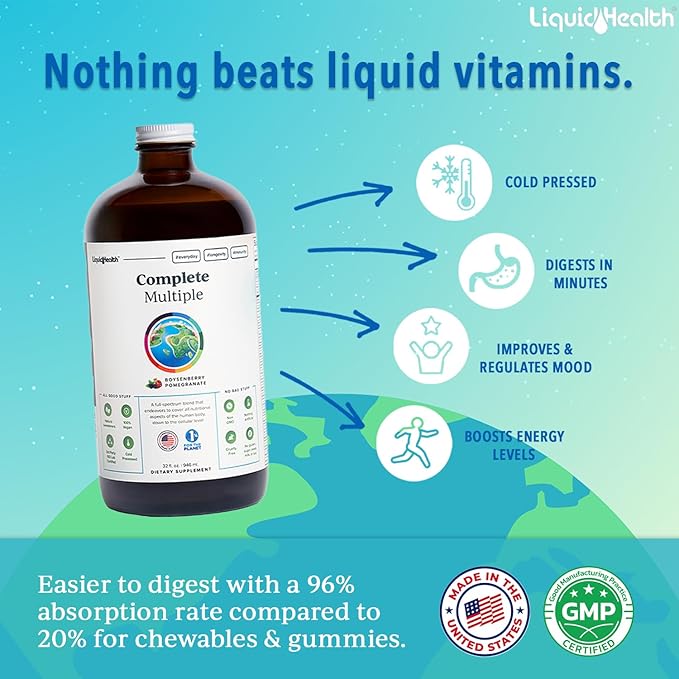 LIQUIDHEALTH Complete Multiple Adult Liquid Multivitamin - Essential Vitamins, Minerals & Nutrients, Immune Support, Gut Health, Energy, Detox - Great Taste, Vegan, Non-GMO, Sugar-Free (32 oz)
