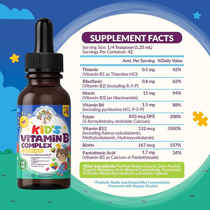 Autistic UpBeat: Kid's Vitamin B Complex | Kid-Friendly Drops | Unlfavored | B1, B2, B3, B6, B7, B9 & Methyl B12 | Brain Function, Focus, Metabolism | Kids B Complex Liquid Drops Supplement