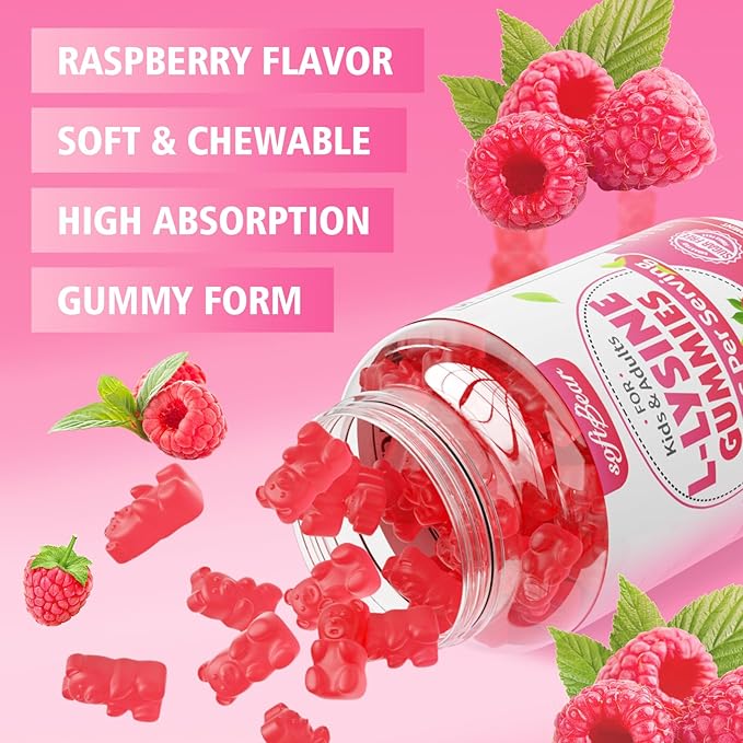 softbear L-Lysine Gummies for Adults & Kids, L Lysine 1000mg Chewable Lysine Supplement for Lips & Oral Health, Immune & Collagen Support, Vegan, Non GMO, Gluten-Free, Raspberry Flavor 60 Count