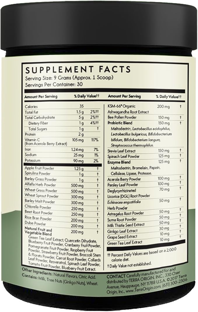 TERRA ORIGIN Superfoods Greens for Immune Defense and Digestive Support | with Spirulina, Probiotics, Organic Vegetables, Digestive Enzymes | Non-GMO | 30 Servings | Mint Flavor