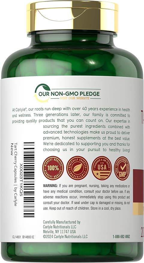 Carlyle Tart Cherry Capsules | 10,500mg | 200 Pills | Max Potency | Non-GMO, Gluten Free | Tart Cherry Juice Extract