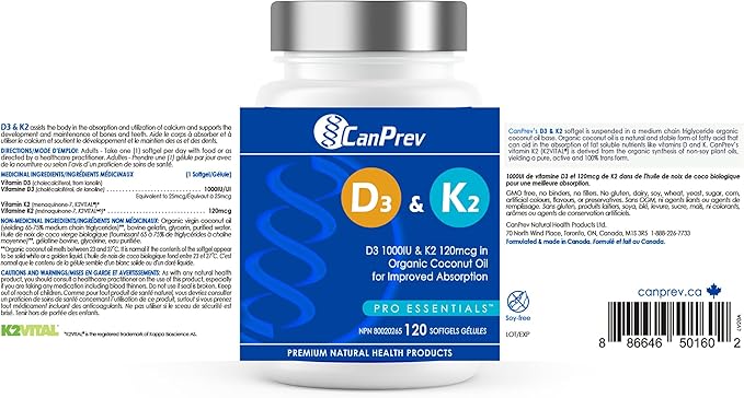 CanPrev D3 & K2 Vitamins 120 Softgels, 120-Day Supply, 1000IU Vitamin D3 & 120mcg K2, Supports Strong Bones, Teeth & Heart Wellness, Easy-to-Absorb with Organic Coconut Oil, No GMO, Gluten, Soy, Dairy