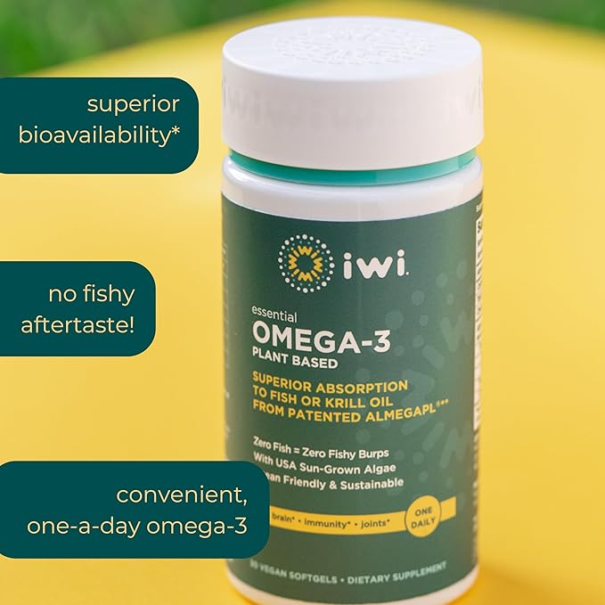 Iwi Omega-3 Essential, 90 Softgels (90 Servings), Plant-Based Algae Omega 3 with EPA + DHA, Brain, Heart & Immune Support Dietary Supplement, Krill & Fish Oil Alternative, No Fishy Aftertaste