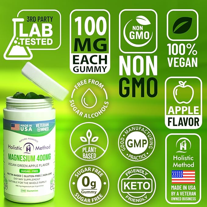 Magnesium Citrate Gummies - Sugar-Free, Vegan and Non-GMO for Better Sleep and Relaxation - No Sugar Alcohol - Magnesium Supplement for Adults, Teens and Kids - Green Apple - 240 Chews
