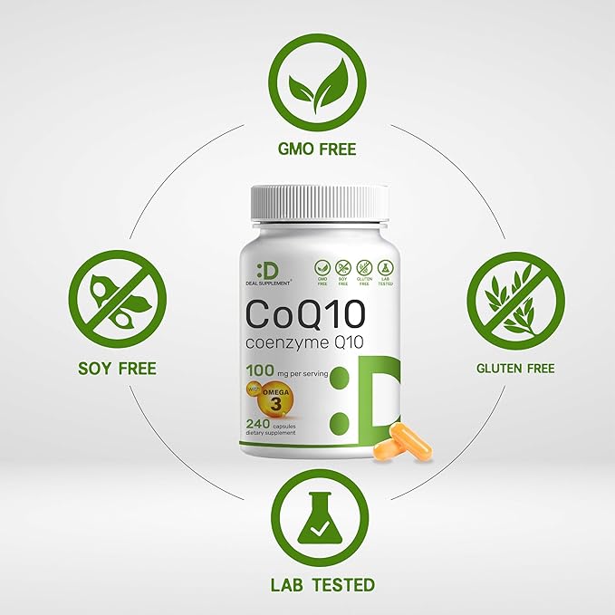 CoQ10 100mg, 240 Capsules – with Omega 3 Fatty Acid 100mg – Bioavailable Coenzyme Q10 Supplements – Heart, Energy, & Brain Health Antioxidant Support – Non-GMO