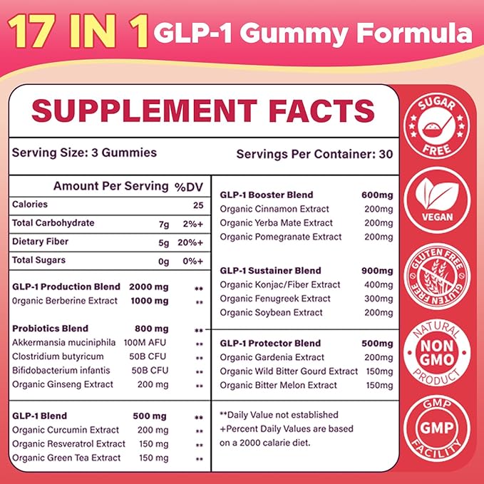 GLP 1 Gummies, GLP-1 Supplement for Women & Men, GLP1 Probiotic Gummy with Akkermansia Probiotic, Berberine, No Sugar for Immune, Gut, Energy, GLP-1 Levels, Strawberry Flavor-90 Gummies