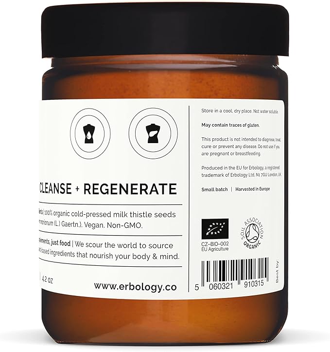 Erbology Organic Milk Thistle Powder 3.2 oz - 30 Servings - 180mg Silymarin per Serving - Liver Health - Cold-Pressed from 100% Milk Thistle Seeds - Sustainably Sourced in Europe - Vegan - GMO-Free