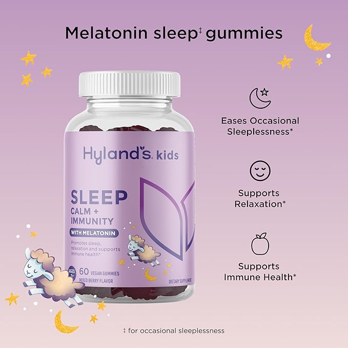 Hyland's Kids Sleep Aid, Calm and Immune Support, with Melatonin Sleep Aid Gummies, Helps with Sleeplessness and Restlessness, with Chamomile and Elderberry, 60 Vegan Gummies
