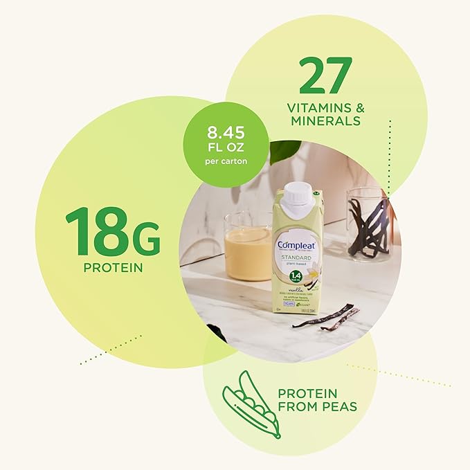 Compleat Standard 1.4 Plant-Based Vanilla Nutrition Shake - 18g Protein, 29 Vitamins & Minerals - Vegan Tube Feeding Formula - 8.45 Fl Oz (Pack of 12)