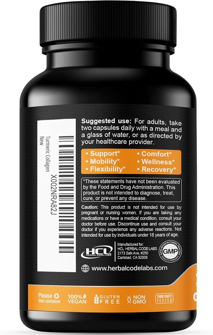 Turmeric Curcumin 95% Extract & Collagen Capsules - NEM Promotes Knee Comfort & Flexibility - Eggshell Membrane w Naturally Occurring Glucosamine Chondroitin Hyaluronic Acid- Made in USA