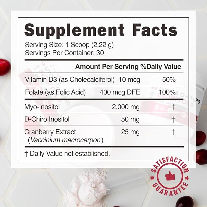 Inositol Supplement For Women | Myo-Inositol & D- Chiro Inositol Powder with Folate, Vitamin D, Cranberry | Supports Women's Health, Fertility & Hormones | Ideal 40:1 Ratio | - Powder - 30 Day supply