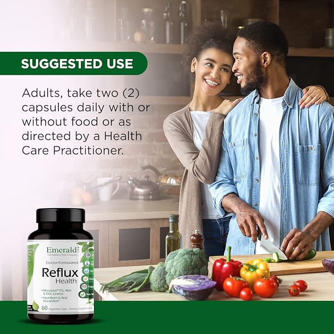 EMERALD LABS Reflux Health - Indigestion & Heartburn Relief with Mucosave FG, DGL, Aloe Vera, Probiotics, Digestive Enzymes & More* - 60 Vegetable Capsules (30-Day Supply)