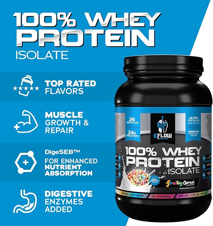 eFlow Nutrition 100% Whey Protein Isolate - Gluten & Lactose-Free Digestive Enzymes Added, Low Carb, Post Workout Shake, Fast Digesting for Optimal Muscle Recovery - Fruity Cereal (26 Servings)