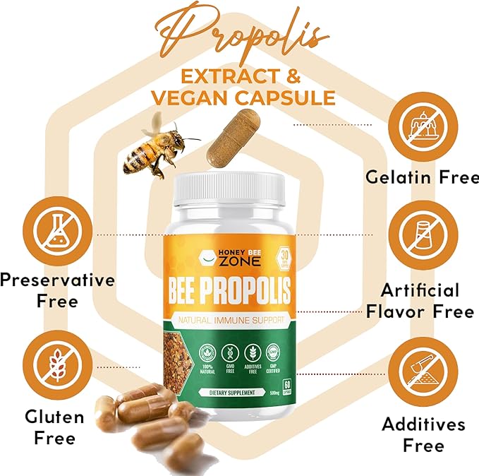 Bee Propolis Extract Capsules, Immune Support Supplement, Natural Immune Booster, Non-GMO Gluten-Free additive Free 500 mg 60 Vegan Capsules with Carob Powder for Men and Women