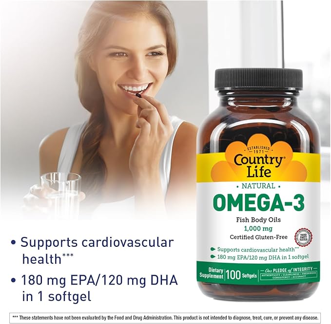 Country Life Omega-3 Fish Oil Supplement, 1000mg, 180mg EPA & 120mg DHA, Fish Oil Concentrate, Burpless, 100 Softgels, Certified Gluten Free
