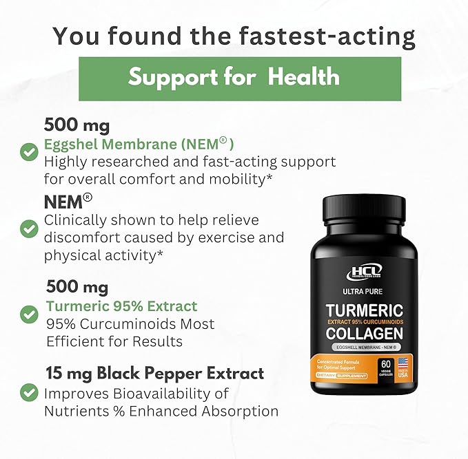 Turmeric Curcumin 95% Extract & Collagen Capsules - NEM Promotes Knee Comfort & Flexibility - Eggshell Membrane w Naturally Occurring Glucosamine Chondroitin Hyaluronic Acid- Made in USA