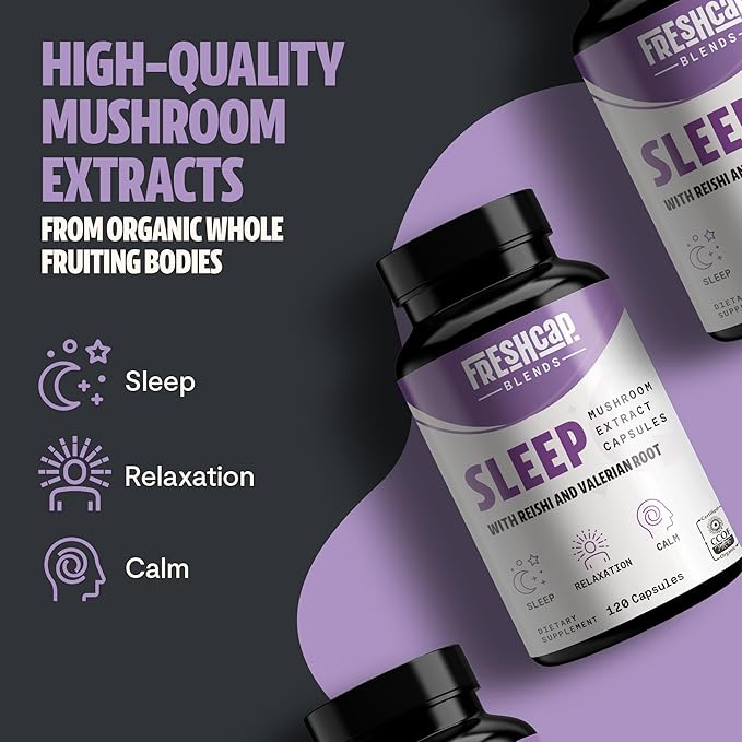 FreshCap 5-in-1 Sleep Supplement, Magnesium for Sleep, Magnesium Supplement, Calm, 7000mg Reishi Mushroom Extract, Valerian Root Capsules, Valerian Root Extract, Ayurveda (120 Capsules)
