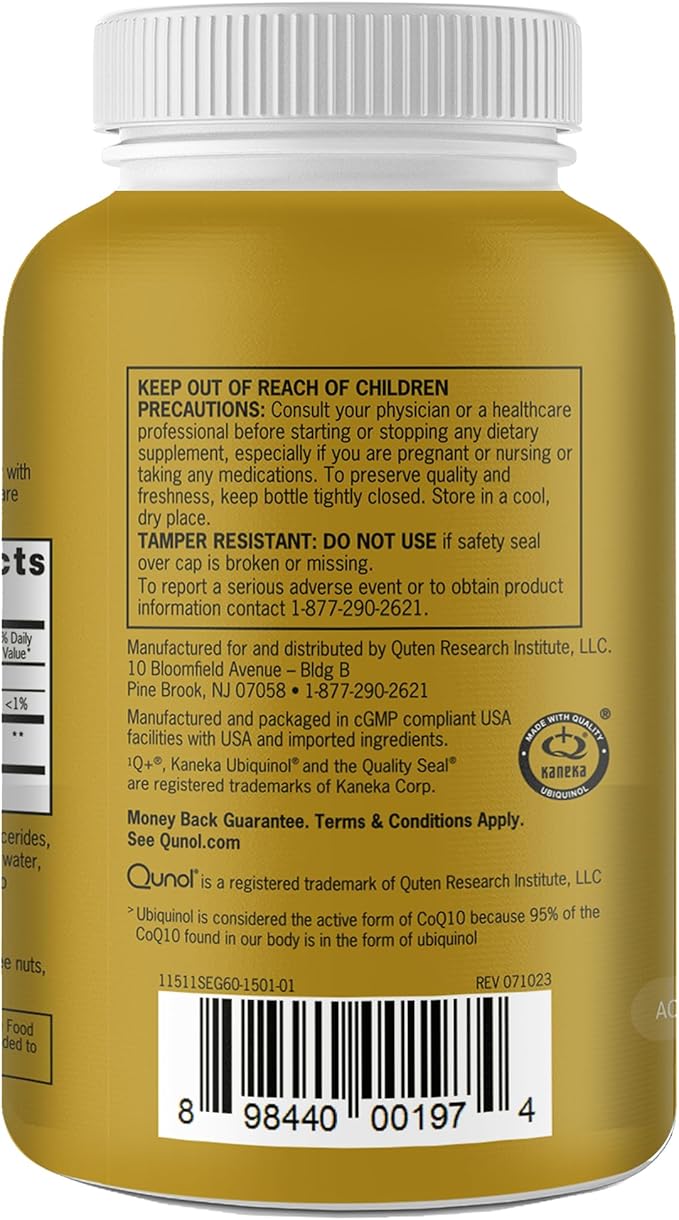 Qunol Ubiquinol CoQ10 100mg Softgels, Ubiquinol - Active Form of Coenzyme Q10, Antioxidant for Heart Health, Healthy Blood Pressure Levels, Beneficial to Statin Users, 60 Count
