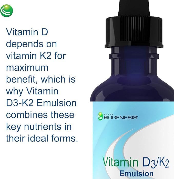 Nutra Biogenesis Vitamin D3/K2 Emulsion - Liquid Vitamin D Drops with MCT Oil, D3 K2 Supplement for Adults and Kids, Sublingual Oil Dropper for Women and Men - 1 Fl Oz Bottle (30 ml)