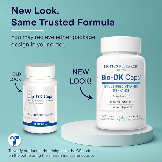 Biotics Research Bio-DK Caps™–Emulsified Vitamin D and K, Vitamin D3 125 mcg & Vitamin K (k1,k2) 550 mcg- MK7– Vitamin D3 K2 K1, Stronger Bones, Musculoskeletal Strength, Healthy Heart & BMI 60 Caps