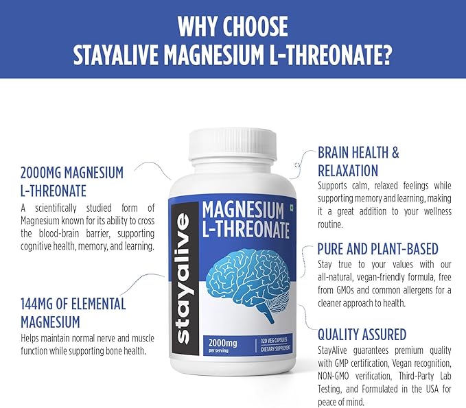 STAY ALIVE Pure Magnesium L-Threonate Supplement 2000mg, Chelated, High Absorption, 120 Capsules w/Elemental Magnesium Powder, Non-GMO & Gluten Free L-Threonate Complex for Women and Men