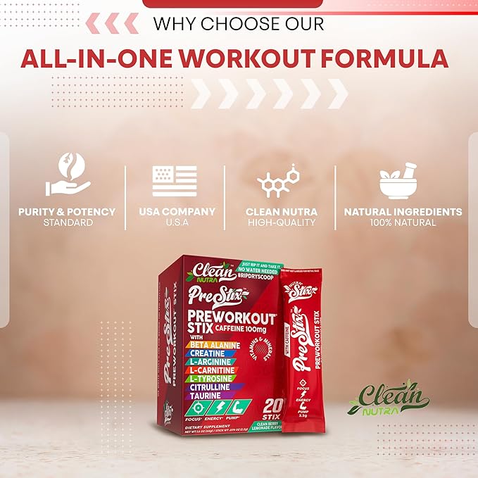 Clean Nutra Pre Workout Powder – Creatine Monohydrate, Caffeine, Citrulline Malate, Beta Alanine, L Carnitine, Taurine, Tyrosine, Electrolytes, Focus, Pump, Energy – 20 Powder Stix