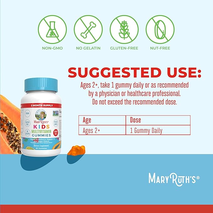 MaryRuth Organics Kids Vitamins | Multi | Sugar Free | 2 Month Supply | Kids Multivitamin Gummies for Ages 2+ | Vegan | Only 1 Gummy a Day | 60 Count