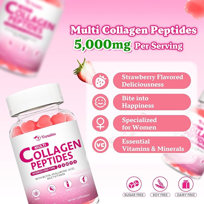 Multi Collagen Peptides Gummies, Collagen Gummies for Women & Men, Type I,II,III,V,X Protein with Biotin, Hyaluronic Acid, Vitamin C for Healthy Skin Support, Strawberry Flavored, Sugar Free, 60Cts