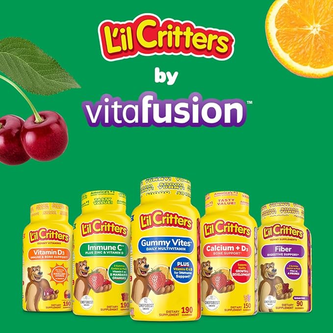 L’il Critters Immune C Daily Gummy Supplement Vitamin for Kids, for Vitamin C, D and Zinc for Immune Support, Orange, Lemon and Cherry Flavors, 190 Gummies (Pack of 2)