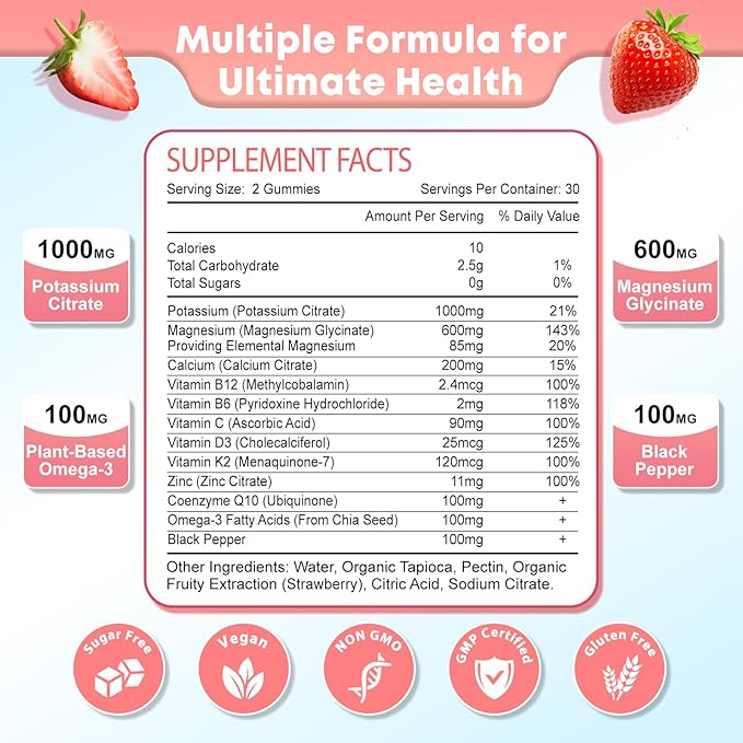 Potassium Magnesium Supplement Gummies for Adults Kids, Magnesium Glycinate & Potassium Citrate, Plus Multivitamin, Omega-3 & Black Pepper, Leg Cramps, Muscle & Heart Health, 60ct