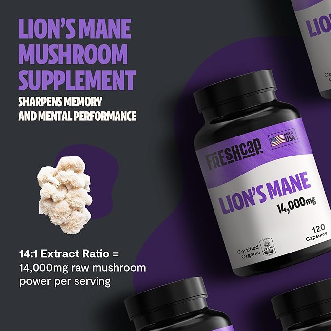 FreshCap Lions Mane Supplement Capsules 14,000mg - Lion's Mane, High Potency Extract, 14:1 Organic Mushroom Supplement, Ayurveda Focus Made in USA (120 Capsules)