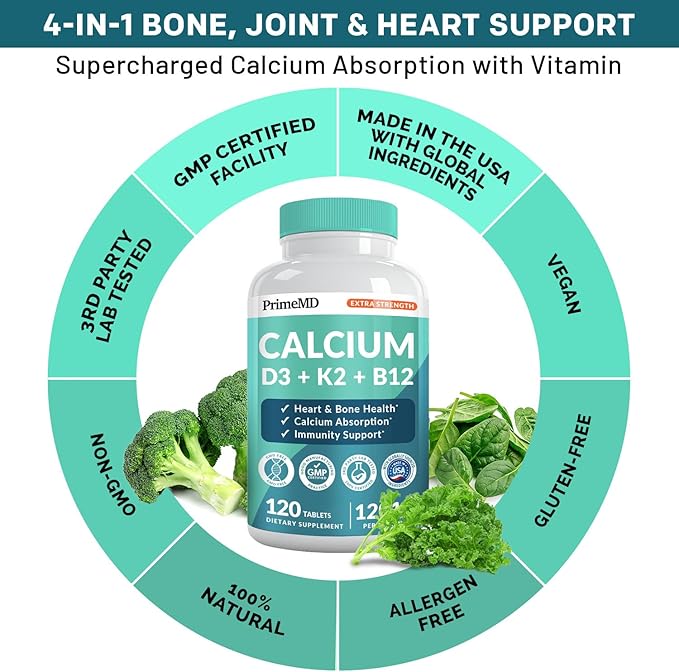 4-in-1 Calcium 1200mg with Vitamin D3 - Calcium Supplement for Women and Men with Vitamin K2 B12 5000 IU - Extra Strength Calcium Citrate for Bone and Heart Support (120ct)