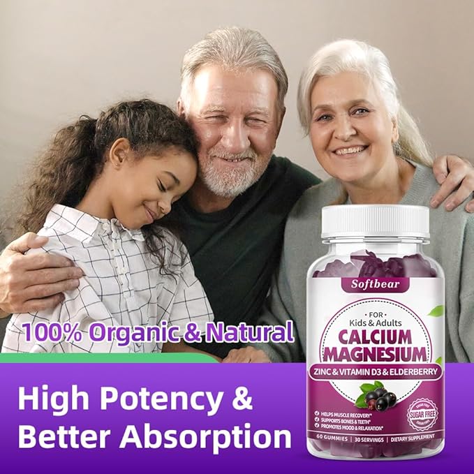 softbear Calcium Magnesium Zinc Gummies for Women, High Absorption Calcium Magnesium Supplement Chewable Calcium 600 mg for Bone Strength Vegan Elderberry Flavor 60 Gummies