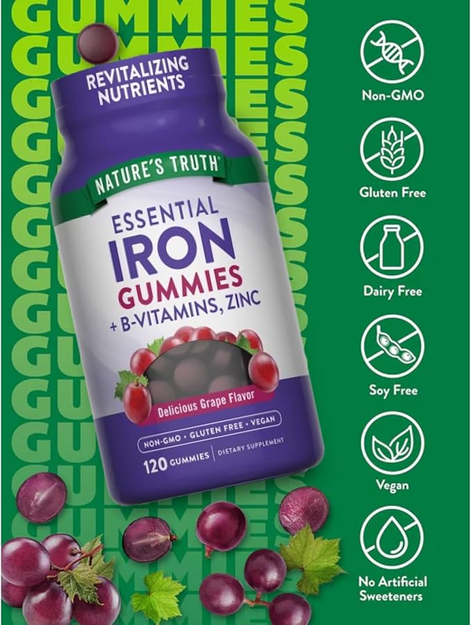 InfiniStore™ Medicine Pouch, Moist Towelette & Plastic Gloves Made for Nature Truth Essential Iron Gummies + B-Vitamins, Zinc, 120 Count, Natural Grape Flavor - Non-GMO, Gluten Free, Vegan