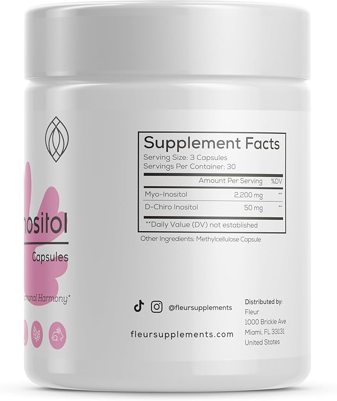 FLEUR Myo-Inositol & D-Chiro Inositol Capsules, Hormone Balance and Ovarian Function Support for Women, Inositol for PCOS Symptom Relief, Regulates Menstrual Cycle, Non-GMO & Vegan, 90 Capsules
