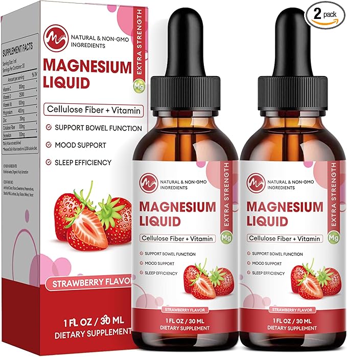 Magnesium Glycinate Liquid, High Absorption Magnesium Liquid Drops with Cellulose Fiber, Bromelain, Vitamin B6, C, D, Zinc, Magnesium Supplement for Kids and Adults, Strawberry Flavor, 2 Pack