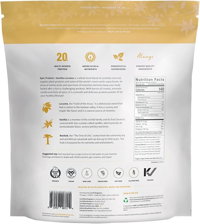 Sprout Living Epic Protein, Plant Based Protein & Superfoods Powder, Vanilla Lucuma Powder | 20 Grams Organic Protein Powder, Vegan, Non Dairy, Non-GMO, Gluten Free, Low Sugar (5 Pound, 60 Servings)